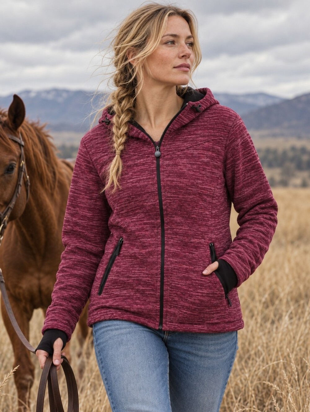 Outback Trading Co Burgundy Softshell Hooded Jacket Marled Equestrian Western